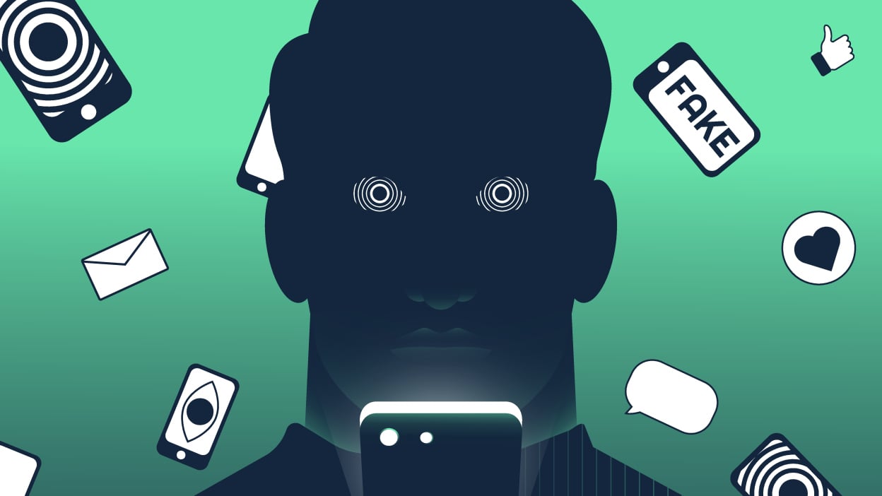 An illustration shows the silhouette of a man hypnotised by his phone. Around him, the background is full of smartphones with bright screens reading FAKE, thumbs up and heart reactions, chat and email inboxes.