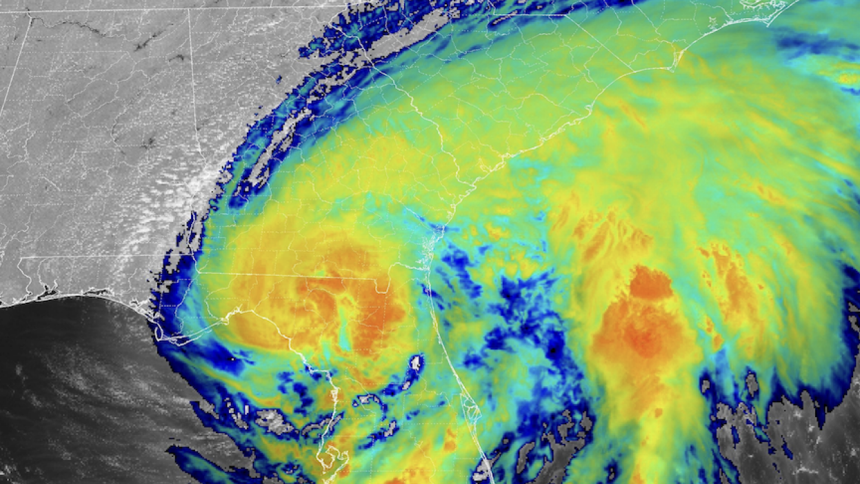 A view of Tropical Storm Debby passing over the Southeastern U.S. on Aug. 5, 2024.