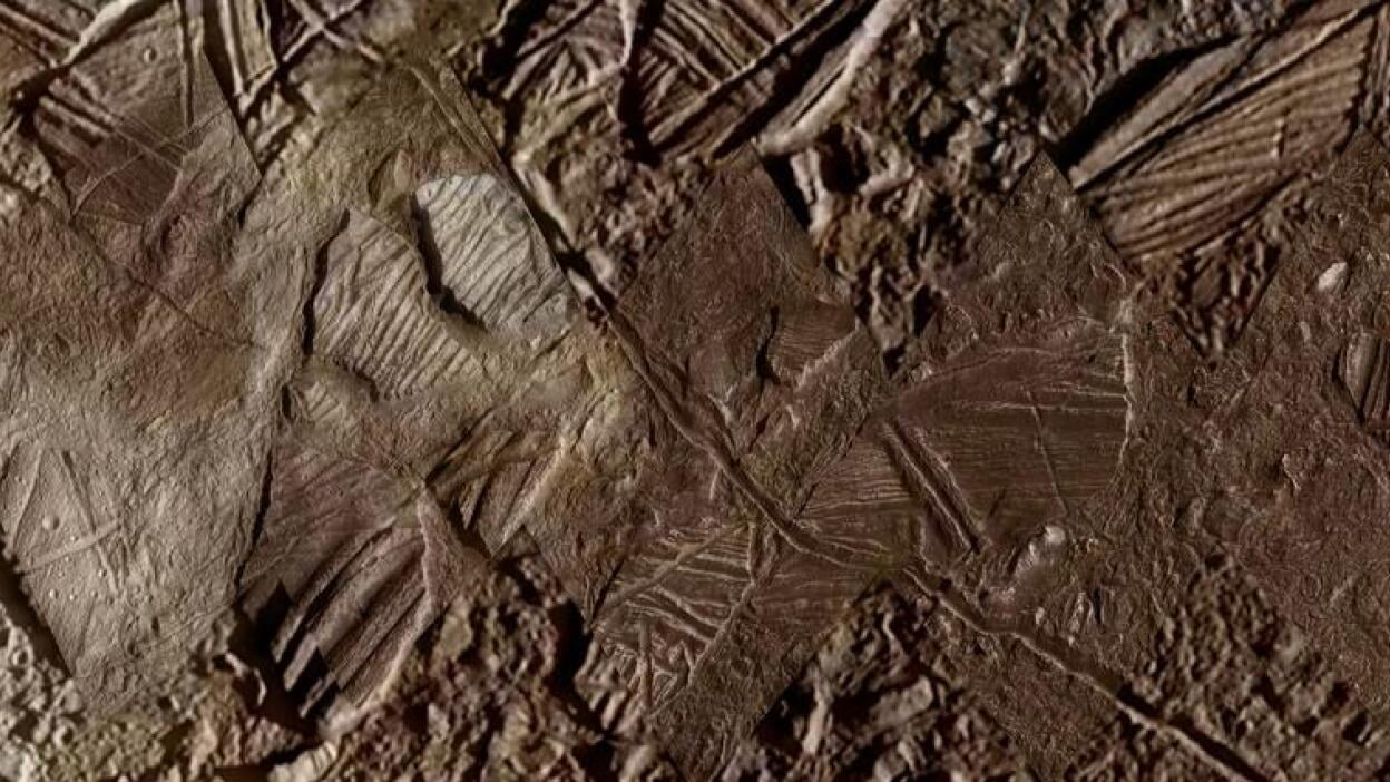 A view of the icy, cracked surface of Jupiter's moon Europa.