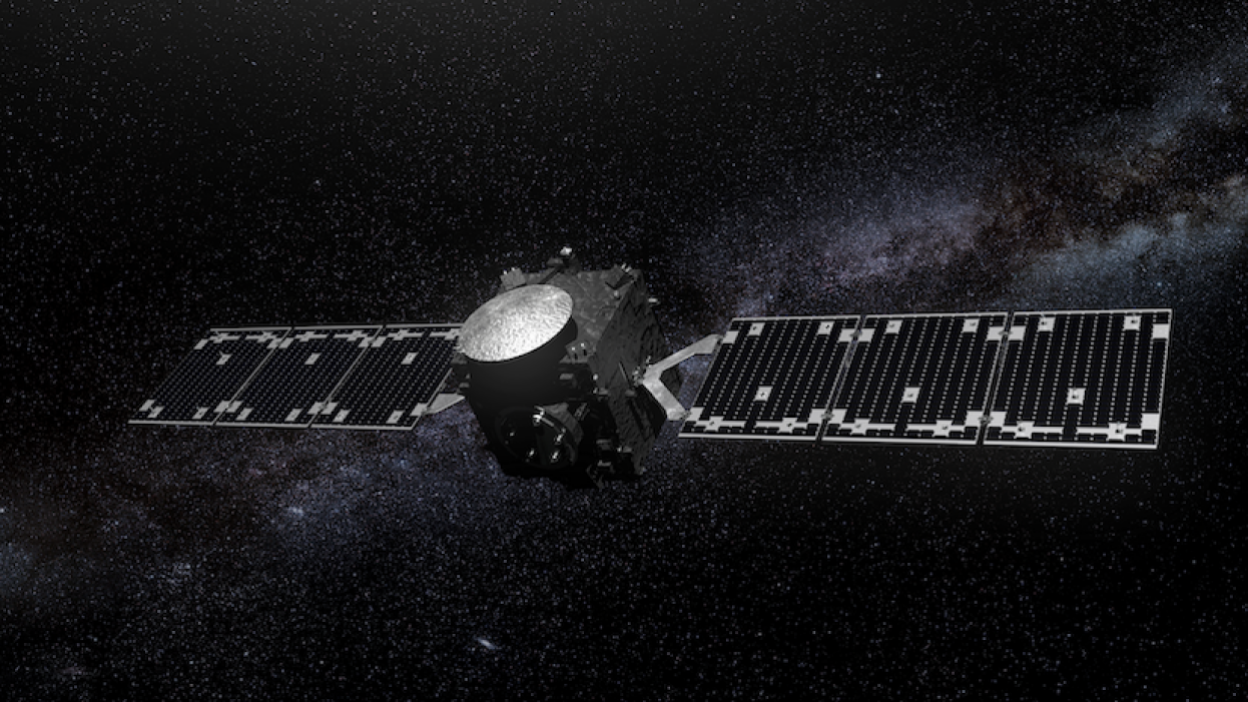 An artist's conception of the European Space Agency's Hera craft traveling through the solar system.