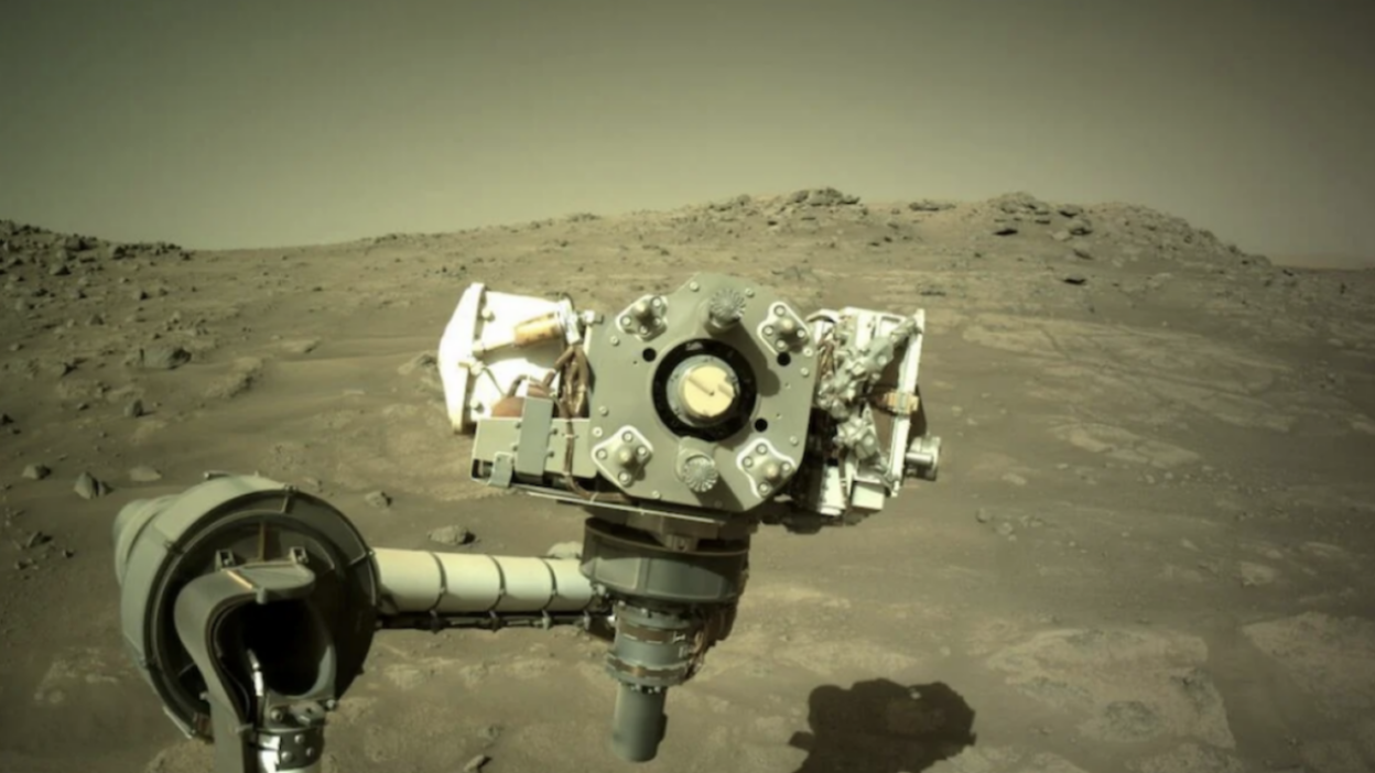 The Perseverance rover peering onto the Martian landscape.