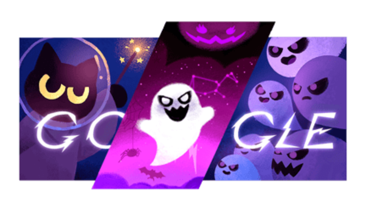 Google's Halloween Google Doodle artwork for 2024, featuring a cat wielding a wand at several ghosts.