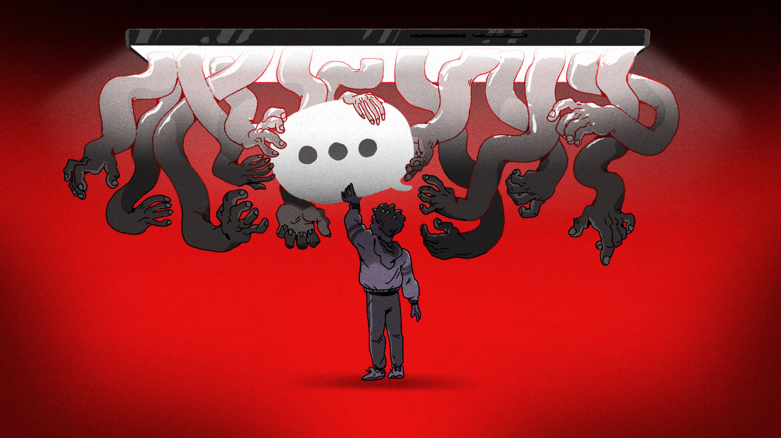 Illustration of a teen reaching up to a speech bubble surrounded by menacing hands.