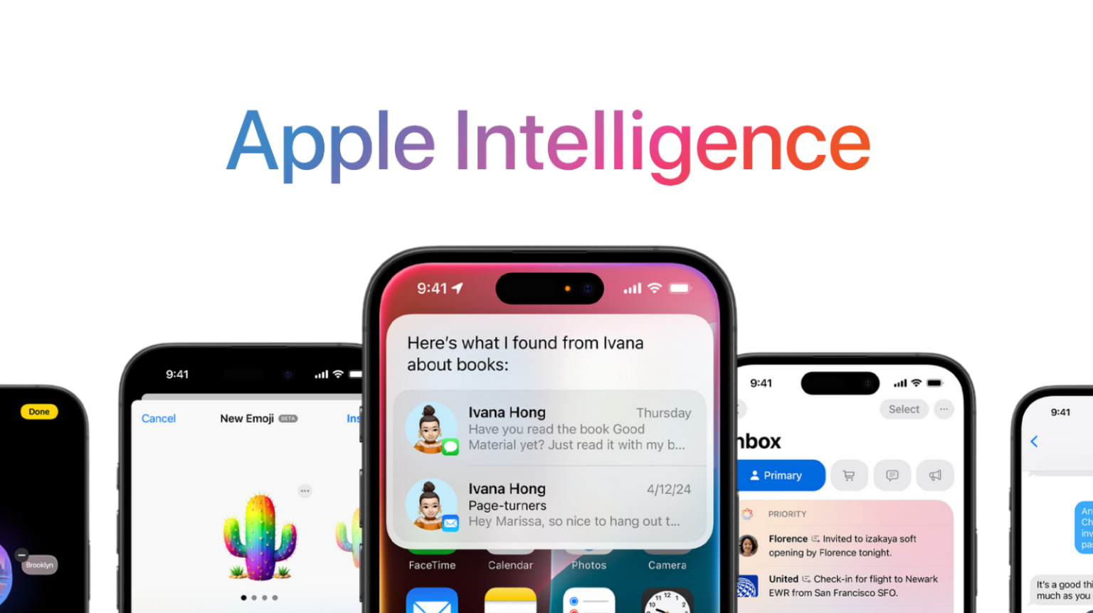 A row of iPhones showing off Apple Intelligence features, with the words "Apple Intelligence" above them.