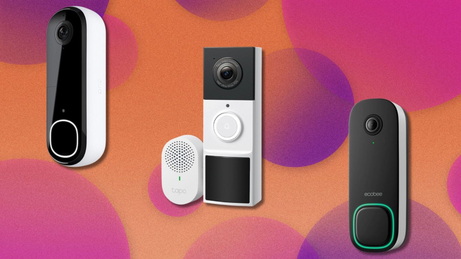 three video doorbells on a pink, orange, and purple background