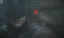 Close up on Robert Pattinson as Batman in "The Batman."