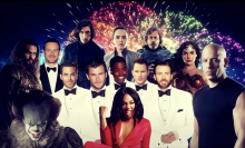 A photo collage of Aquaman, Pennywise, actor Michael Fassbender, Wonder Woman, Dominic Toretto, actor Tiffany Haddish, several actors named Chris, and Star Wars sequel characters.