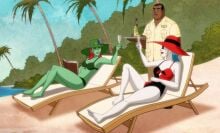 Poison Ivy and Harley Quinn relax on a beach. 