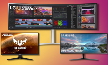 monitors from lg, asus, and samsung with pink and yellow background