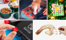 a collage of stocking stuffers, including a mini le creuset cocotte, a cricut easypress mini, a wordle ornament, a microsd card, and a shrimp puzzle