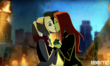 A screenshot from "Harley Quinn: A Very Problematic Valentine's Day Special" depicting Harley and Poison Ivy kissing.