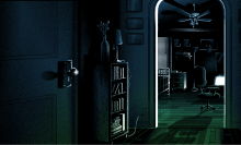 An illustration of a dark room, lit by an vacant computer screen. 