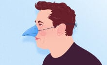 illustration of elon musk wearing a blue beak mask