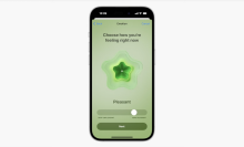 An iPhone displays a green, pulsing "Emotion" screen that reads "Choose how you're feeling right now". 