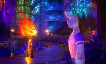 A woman made of fire and a man made of water stare at each other as night falls over a brightly lit city.