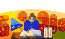 A brightly-colored illustration of a woman writing in a large book.