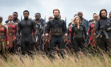 A promotional photo from Avengers: Infinity War, showing Black Panther, Captain America, Black Widow, the Winter Soldier, and numerous Wakandans ready for battle.