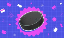 Robot vacuum inside purple shape on purple grid backdrop