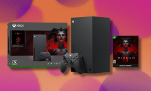 Xbox Series X Diablo IV Bundle on colorful abstract background