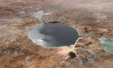 A conception of what Mars' Jezero Crater may have looked like billions of years ago. 