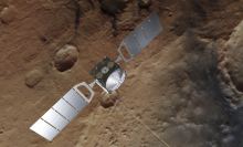 A graphic showing the European Space Agency's Mars Express Orbiter flying above Mars.