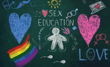 The words 'sex education' on a chalkboard, surrounded by drawings depicting various sex and relationship related themes. 