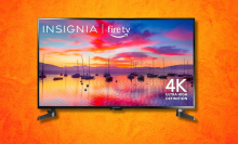 INSIGNIA tv against an orange background 