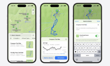 iPhones displaying topographical map view in Maps