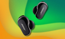 Bose QuietComfort Earbuds II on green and yellow abstract background