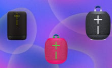 Three speakers on a purple abstract background.