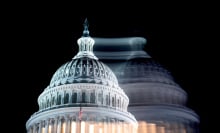 A photo of the U.S. capitol dome, blurred to look as if there are two of them.