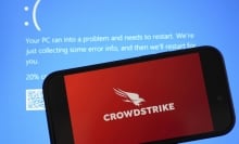 CrowdStrike logo over the Microsoft Windows blue screen of death