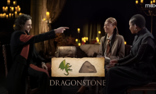 "House of the Dragon" stars Bethany Antonia, Phoebe Campbell, and Harry Collett sit in a themed interview setting with the emoji for "Dragonstone" overlaid onscreen.