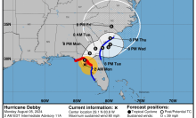 Forecast map for Hurricane Debby.