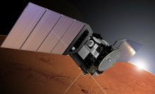 An artist's conception of the European Space Agency's Mars Express orbiter flying above Mars.