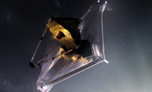 An illustration of the James Webb Space Telescope viewing the cosmos from 1 million miles beyond Earth.