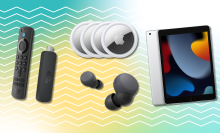 Amazon Fire TV Stick, Apple AirTags, Sony LinkBuds S, and iPad with colorful background