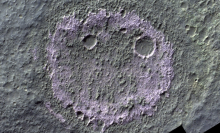 The purple areas show salt deposits left on Mars by past accumulations of briny water.