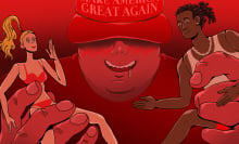 blushing man in MAGA hat holds two dolls of a white woman in a bikini top and a black man wearing a tank top, chain and earring