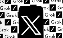 A phone displaying the X logo in front of a screen displaying the Grok logo.