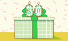 illustration of a gift-shaped birthday cake with a candle in the shape of the number 30