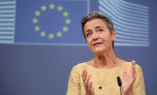 Executive Vice President of the European Commission for A Europe Fit for the Digital Age Margrethe Vestager is talking to media in the Berlaymont