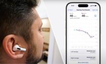 AirPods Pro model with the hearing test UI on an iPhone