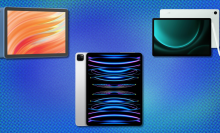 Tablets on light blue pixelated abstract background