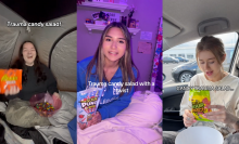 Three images of young women adding candy to salad bowls with the words "trauma candy salad" in text on each image.