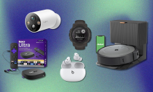 TP-Link security camera, Roku Ultra, Garmin Instinct watch, Beats Studio Buds, and Roomba i3+ with blue and green background