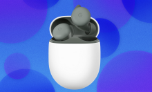 Google Pixel Buds A-Series on blue and purple abstract background