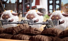 Sheeplike Pals in 'Palworld' wielding guns.