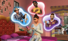 A Sim looks at their phone, above them are three speech bubbles with three different male Sims. 