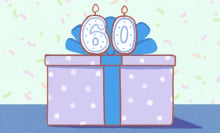 gift-shaped cake with 60 on top